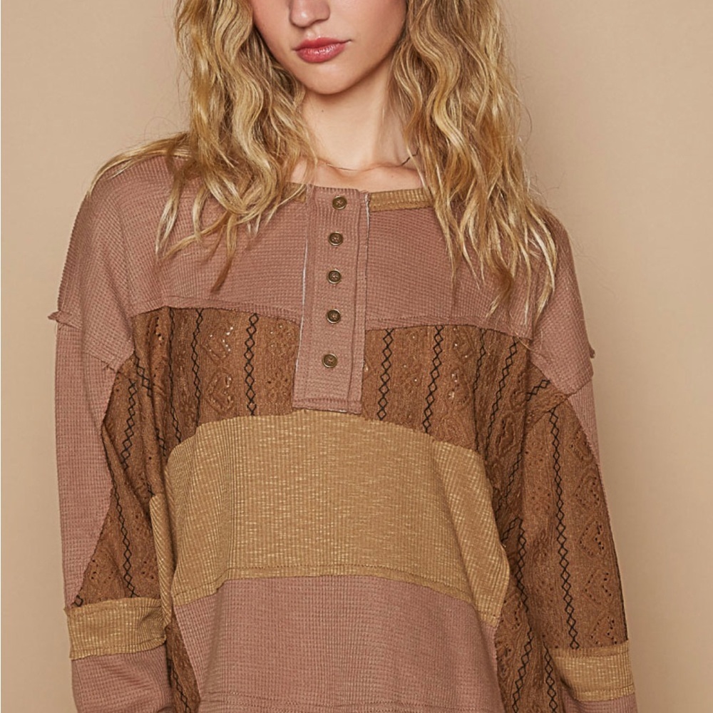 NEW POL Oversized Choco Round Neck Long Sleeve Roomy Fit Thermal Sweater - Picture 2 of 5